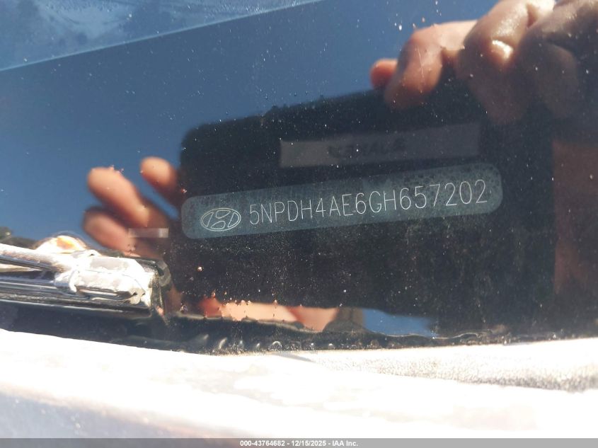 2016 Hyundai Elantra Se VIN: 5NPDH4AE6GH657202 Lot: 43764682