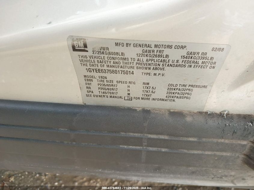 2008 Cadillac Srx V6 VIN: 1GYEE637580175014 Lot: 43764683