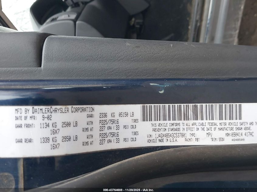 2003 Jeep Grand Cherokee Laredo VIN: 1J4GX48S43C537801 Lot: 43764688