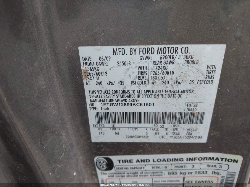 2009 Ford F-150 Xl/Xlt VIN: 1FTRW12899KC61501 Lot: 43764710
