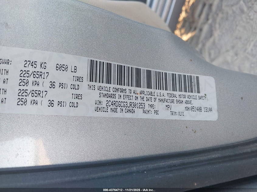 2018 Dodge Grand Caravan Sxt VIN: 2C4RDGCG3JR301253 Lot: 43764712