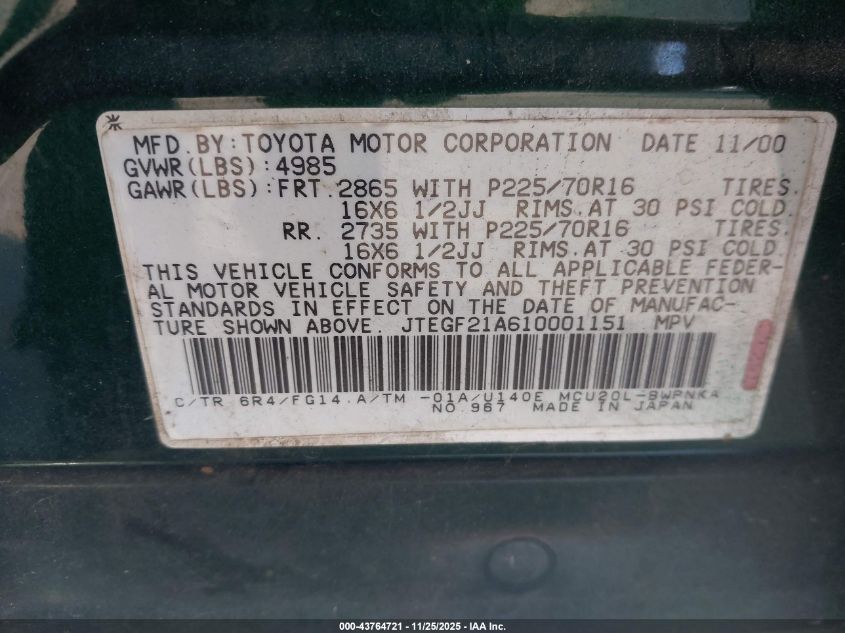 2001 Toyota Highlander V6 VIN: JTEGF21A610001151 Lot: 43764721