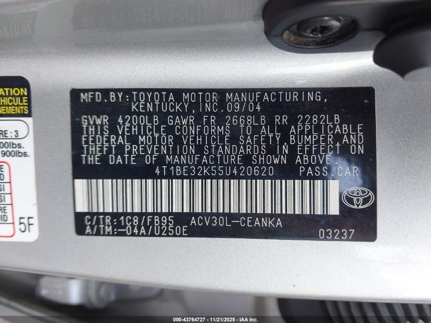 2005 Toyota Camry Le VIN: 4T1BE32K55U420620 Lot: 43764727