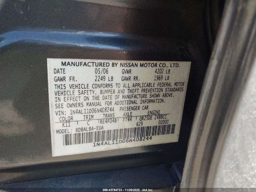 2006 Nissan Altima 2.5 S VIN: 1N4AL11D06N408244 Lot: 43764733