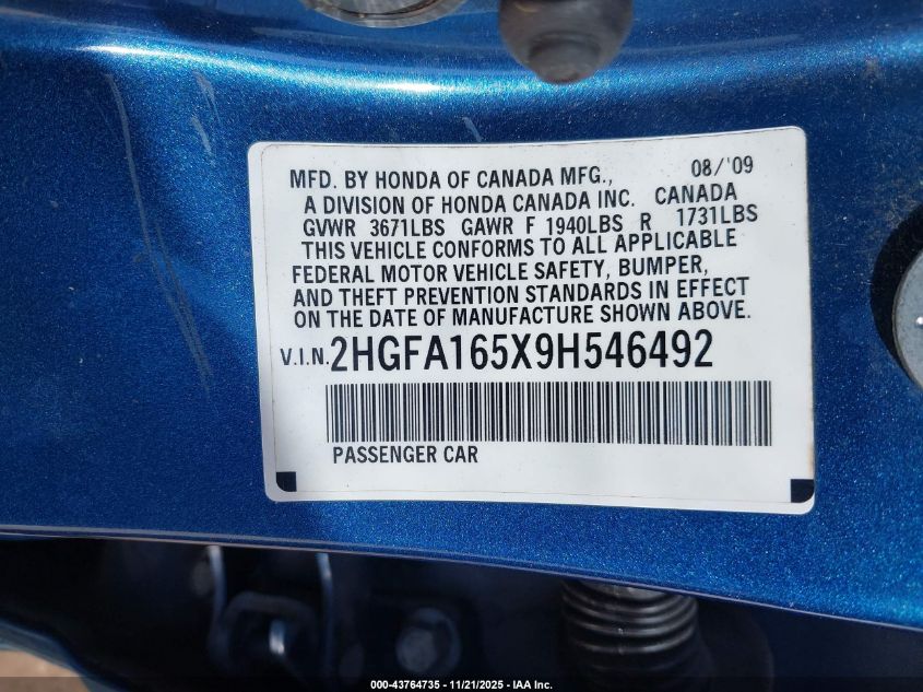 2009 Honda Civic Lx VIN: 2HGFA165X9H546492 Lot: 43764735