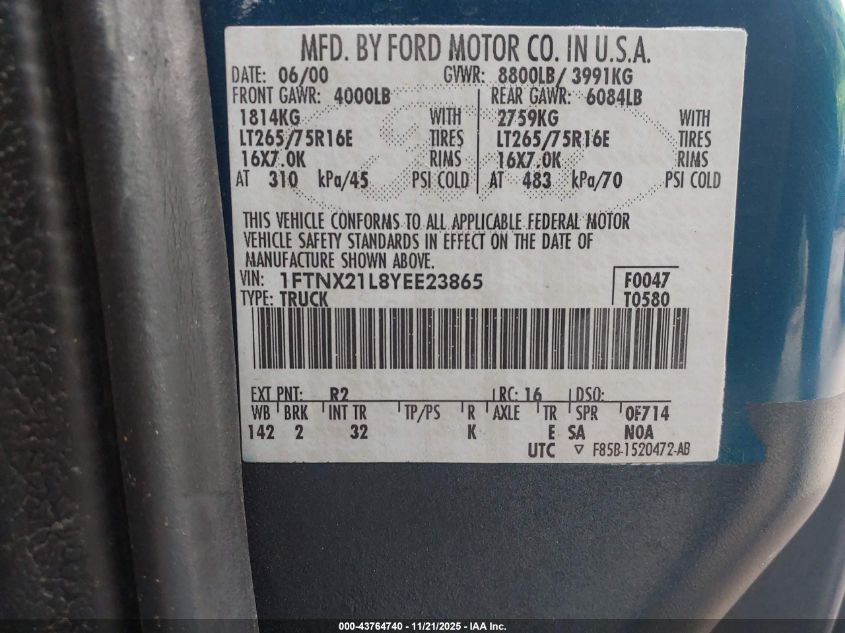 2000 Ford F-250 Lariat/Xl/Xlt VIN: 1FTNX21L8YEE23865 Lot: 43764740