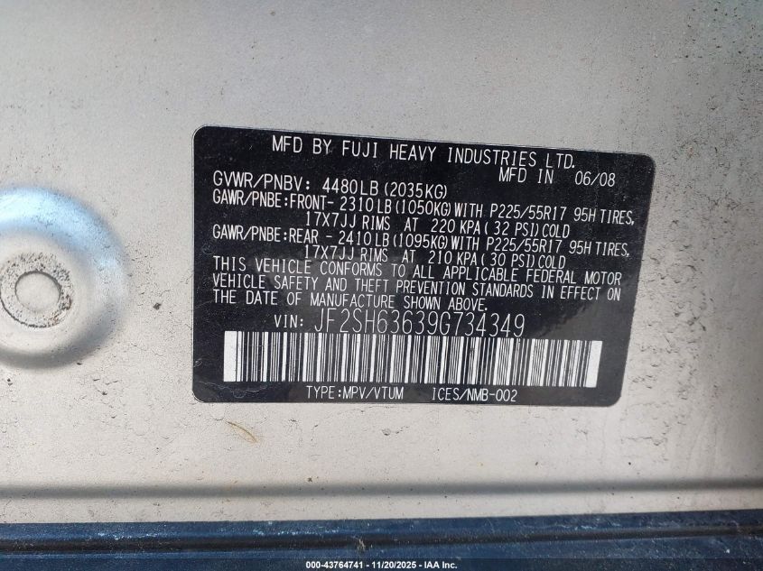 2009 Subaru Forester 2.5X VIN: JF2SH63639G734349 Lot: 43764741