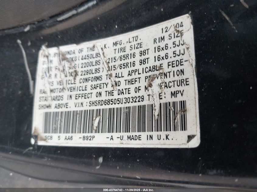 2005 Honda Cr-V Lx VIN: SHSRD68505U303229 Lot: 43764743