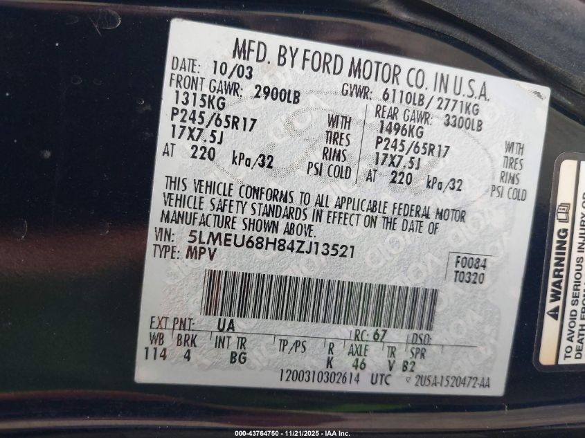 2004 Lincoln Aviator VIN: 5LMEU68H84ZJ13521 Lot: 43764750