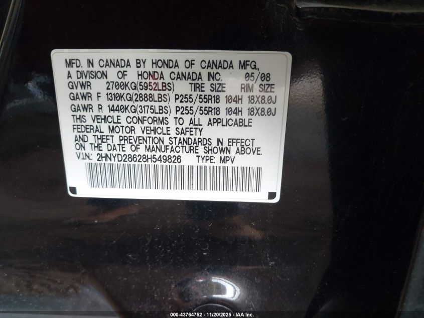 2008 Acura Mdx Technology Package VIN: 2HNYD28628H549826 Lot: 43764752