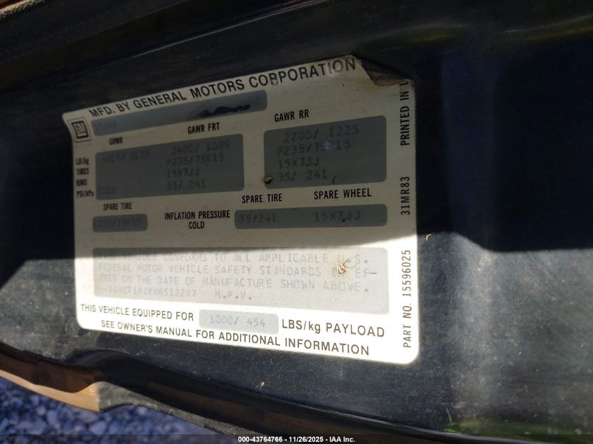 1989 GMC S15 Jimmy VIN: 1GKCT18ZXK8512287 Lot: 43764766