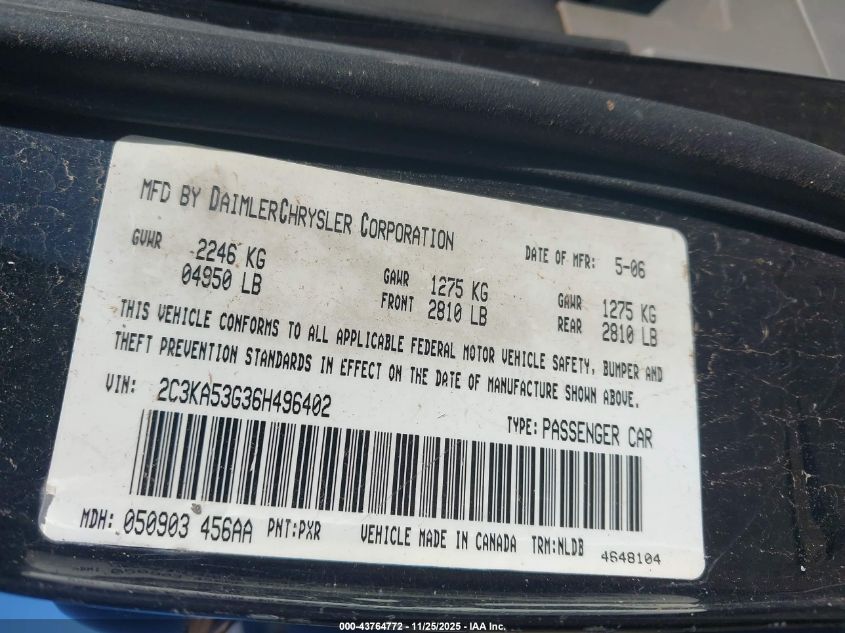 2006 Chrysler 300 Touring VIN: 2C3KA53G36H496402 Lot: 43764772