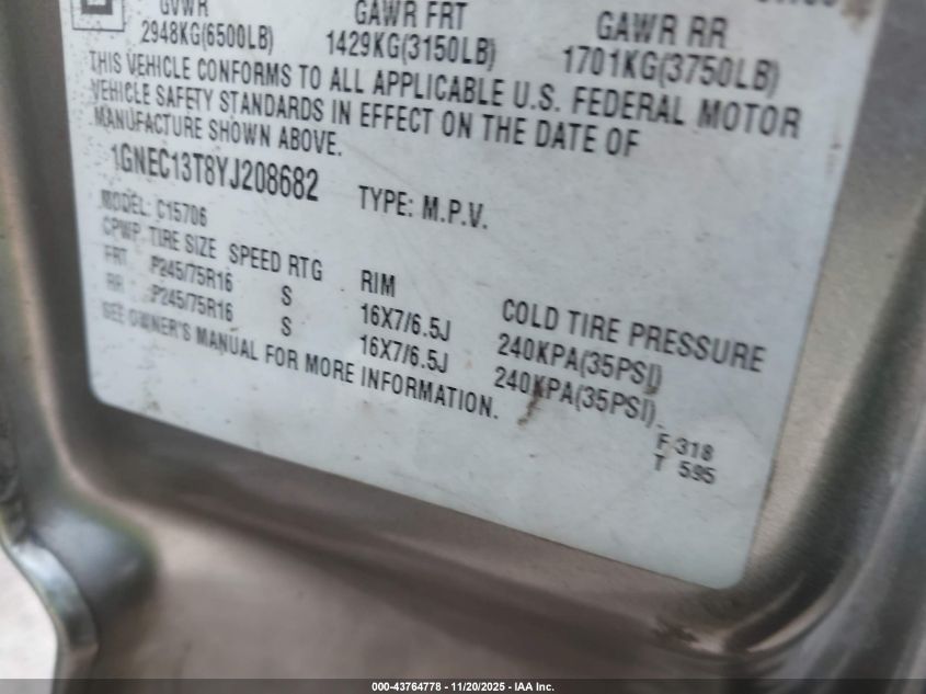 2000 Chevrolet Tahoe All New Ls VIN: 1GNEC13T8YJ208682 Lot: 43764778