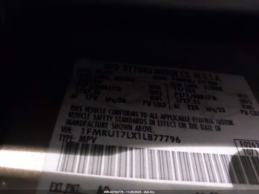 2001 Ford Expedition Eddie Bauer VIN: 1FMRU17LX1LB77796 Lot: 43764779