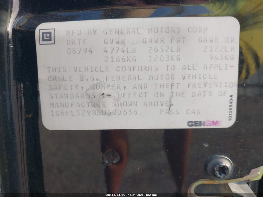 1995 Cadillac Eldorado VIN: 1G6EL12Y8SU600656 Lot: 43764790