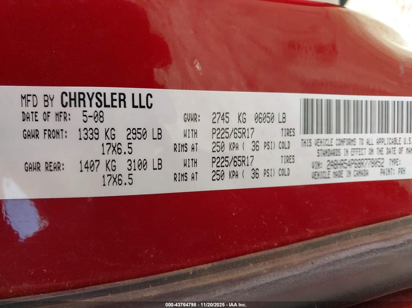 2008 Chrysler Town & Country Touring VIN: 2A8HR54P68R778052 Lot: 43764798