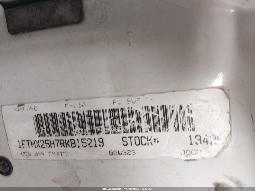 1994 Ford F250 VIN: 1FTHX25H7RKB15219 Lot: 43764805