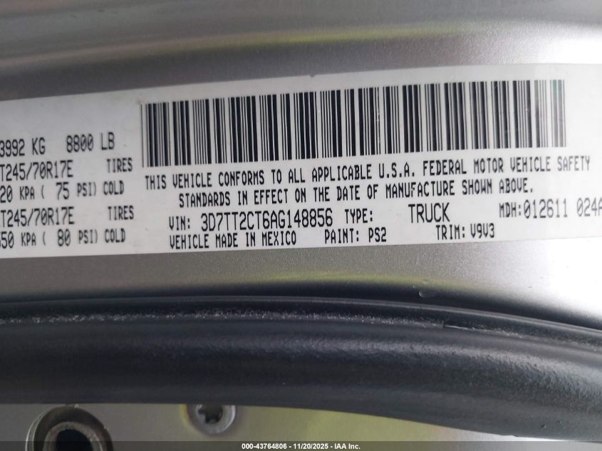 2010 Dodge Ram 2500 St VIN: 3D7TT2CT6AG148856 Lot: 43764806