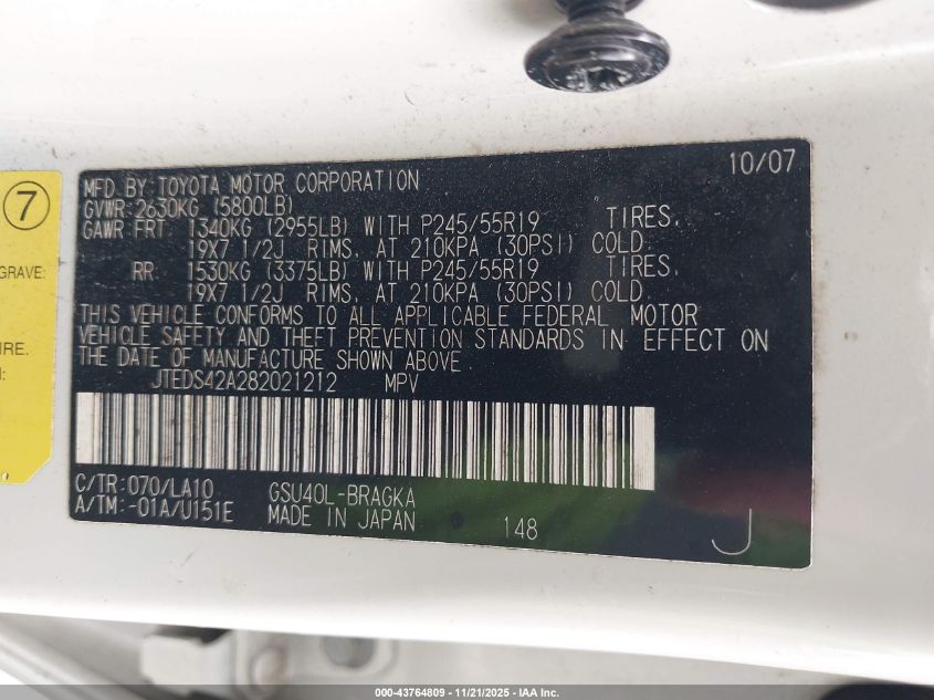 2008 Toyota Highlander Limited VIN: JTEDS42A282021212 Lot: 43764809