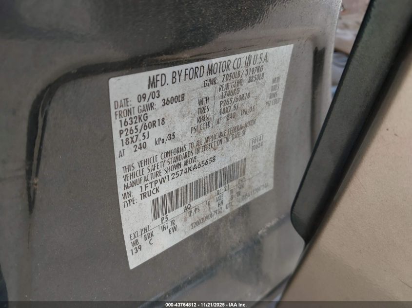 2004 Ford F-150 Lariat/Xlt VIN: 1FTPW12574KA65658 Lot: 43764812