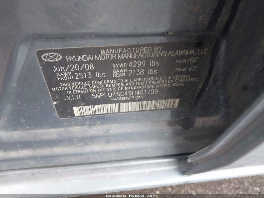 5NPEU46C49H481759 2009 HYUNDAI SONATA photo no. 9
