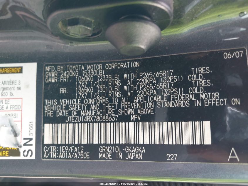 2007 Toyota 4Runner Sr5 V6 VIN: JTEZU14RX78088637 Lot: 43764815