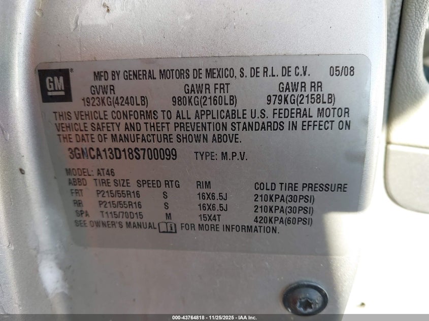 2008 Chevrolet Hhr Ls VIN: 3GNCA13D18S700099 Lot: 43764818