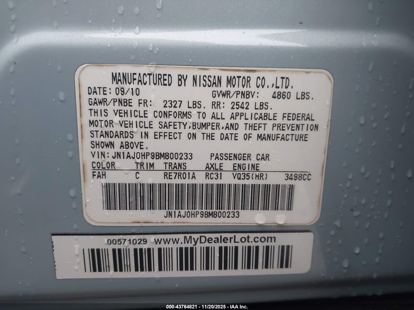 2011 Infiniti Ex35 Journey VIN: JN1AJ0HP9BM800233 Lot: 43764821