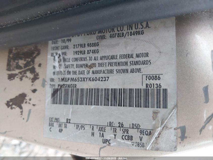 2000 Mercury Mystique Gs VIN: 1MEFM653XYK604237 Lot: 43764822