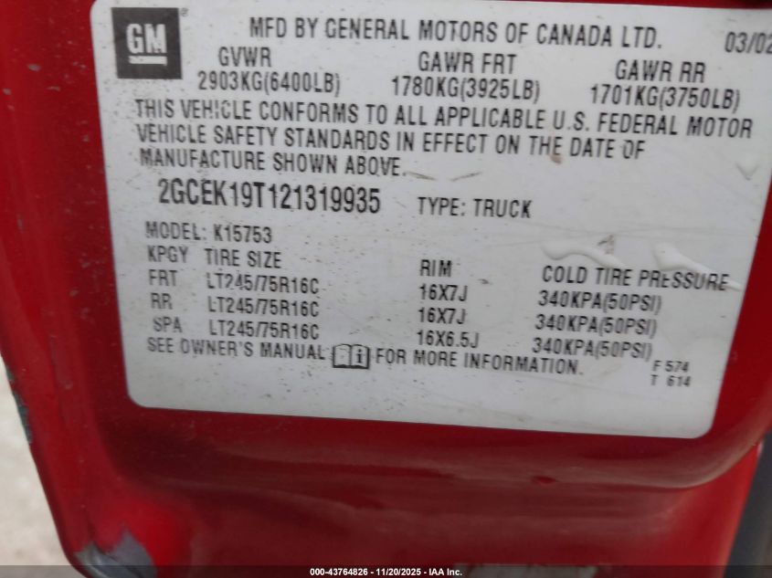 2002 Chevrolet Silverado 1500 Ls VIN: 2GCEK19T121319935 Lot: 43764826