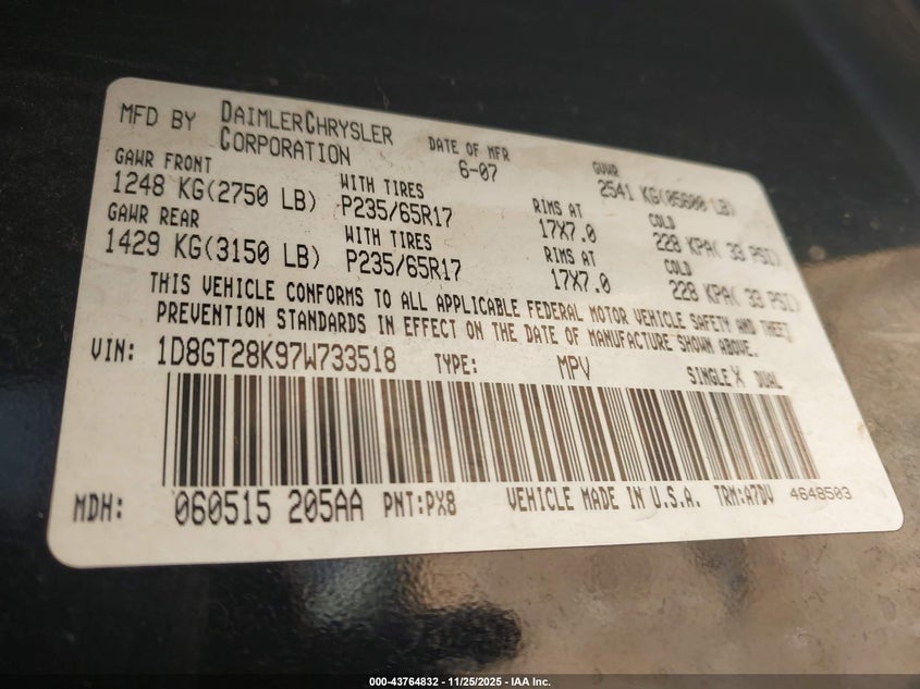 2007 Dodge Nitro Sxt VIN: 1D8GT28K97W733518 Lot: 43764832