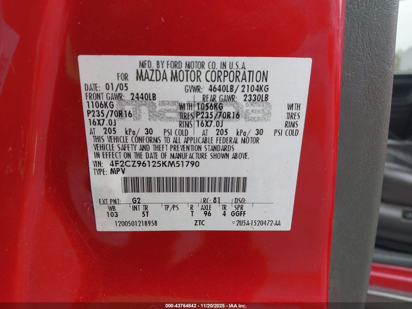 2005 Mazda Tribute S VIN: 4F2CZ96125KM51790 Lot: 43764842