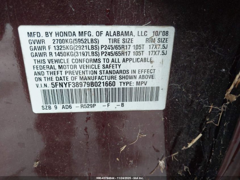 2009 Honda Pilot Touring VIN: 5FNYF38979B021660 Lot: 43764844