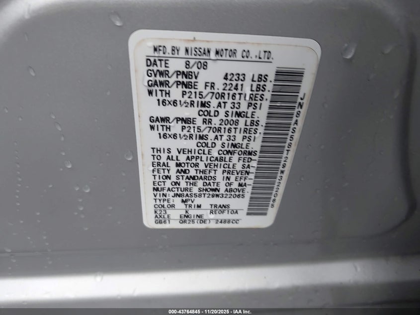 2009 Nissan Rogue S VIN: JN8AS58T29W322065 Lot: 43764845