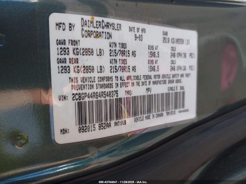 2004 Chrysler Town & Country Lx VIN: 2C8GP44R64R540375 Lot: 43764847