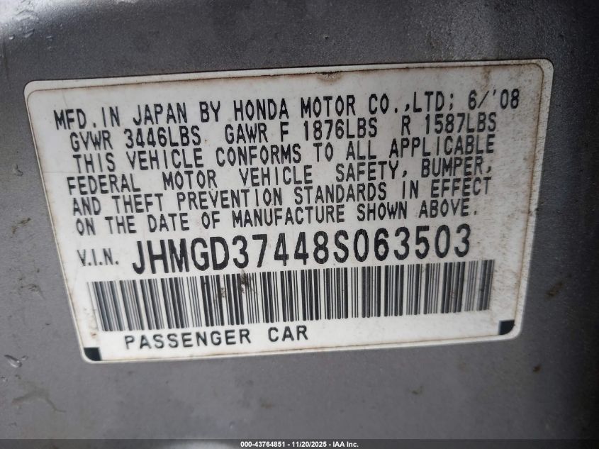 2008 Honda Fit VIN: JHMGD37448S063503 Lot: 43764851