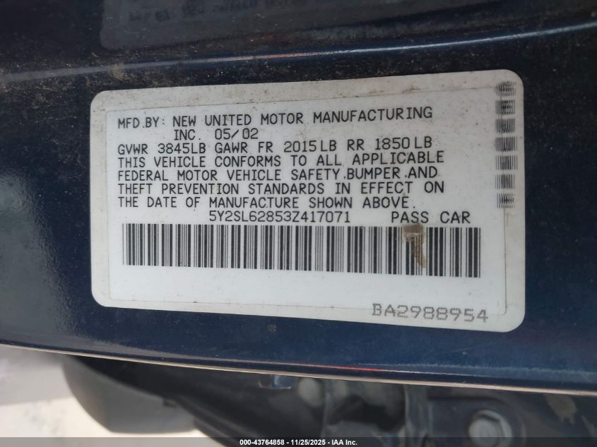 2003 Pontiac Vibe VIN: 5Y2SL62853Z417071 Lot: 43764858