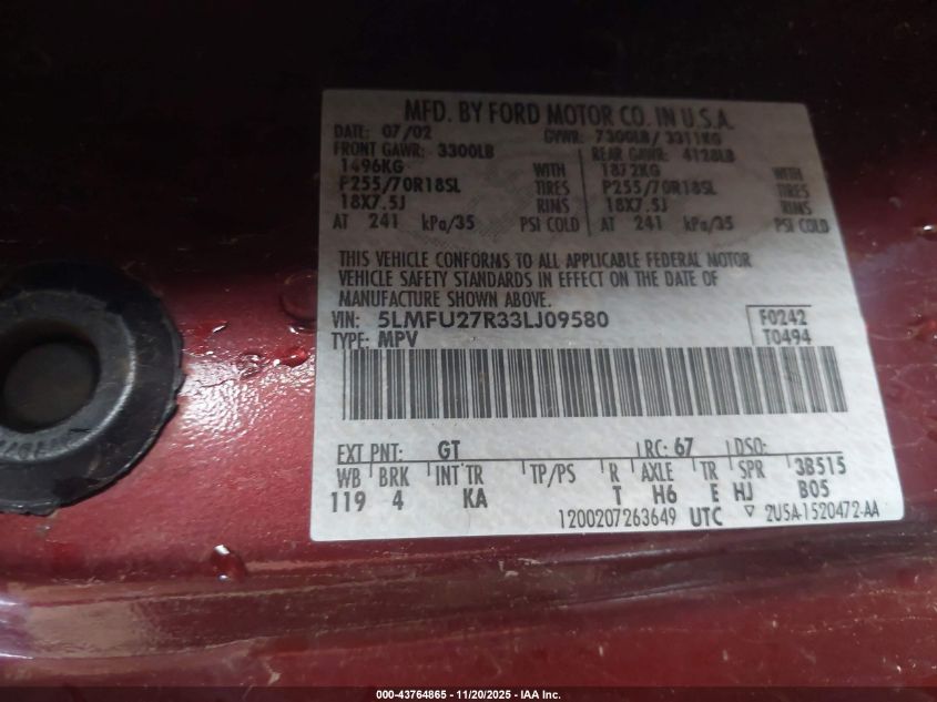 2003 Lincoln Navigator VIN: 5LMFU27R33LJ09580 Lot: 43764865