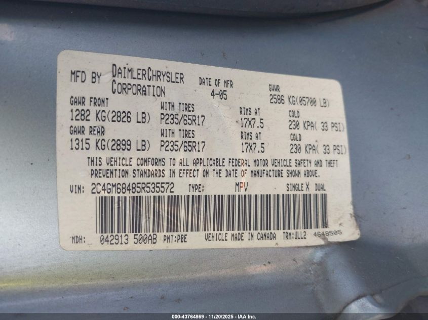 2005 Chrysler Pacifica Touring VIN: 2C4GM68485R535572 Lot: 43764869