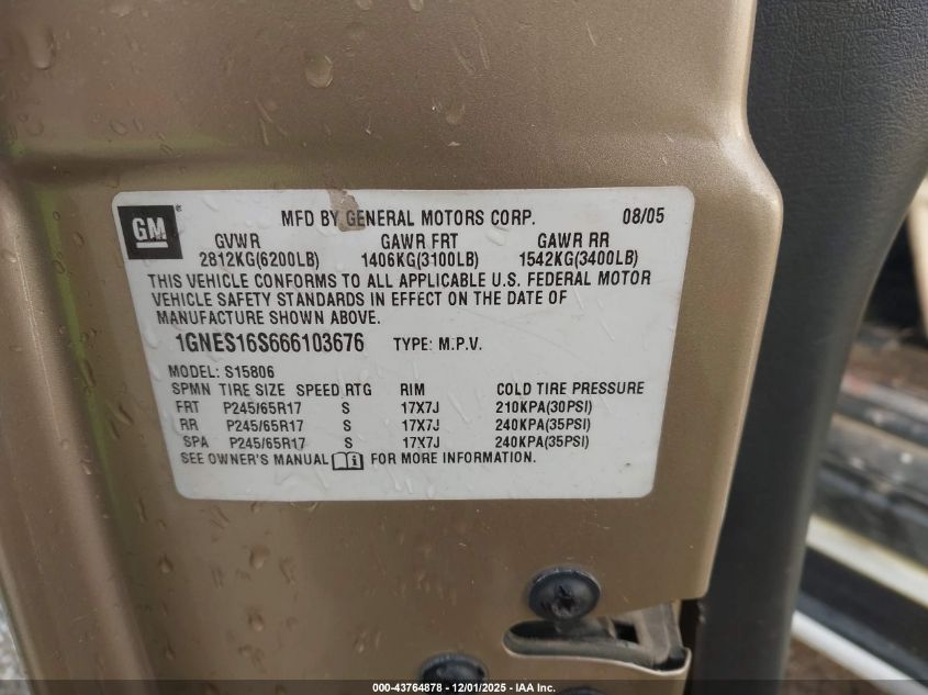 2006 Chevrolet Trailblazer Ext Ls VIN: 1GNES16S666103676 Lot: 43764878