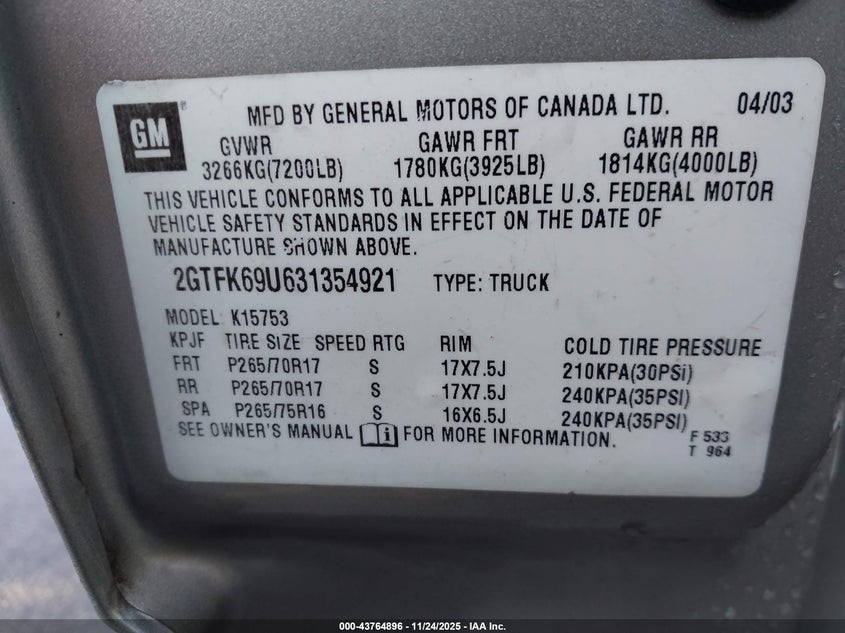 2003 GMC Sierra 1500 Denali VIN: 2GTFK69U631354921 Lot: 43764896