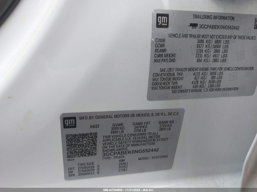 2022 Chevrolet Silverado 1500 2Wd Short Bed Custom VIN: 3GCPABEK0NG552442 Lot: 43764900