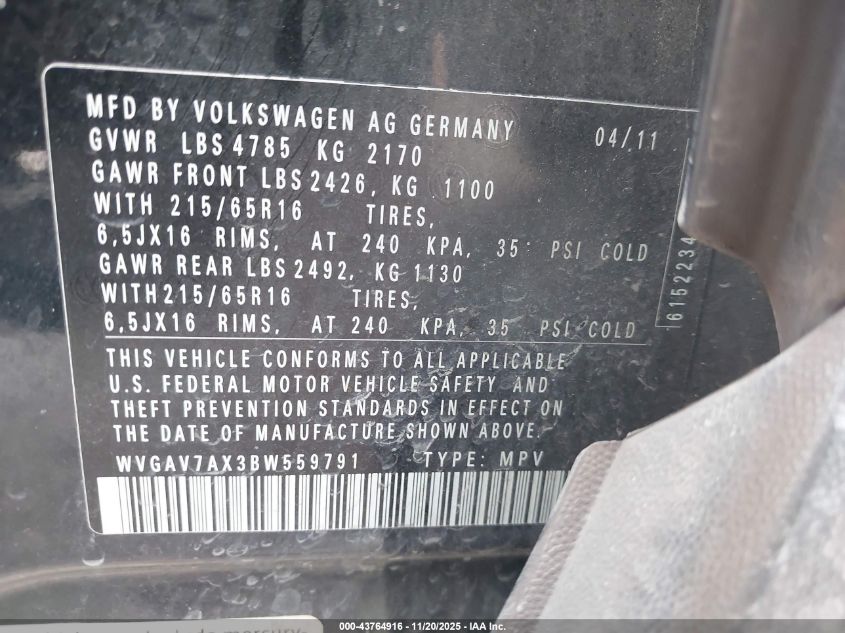 2011 Volkswagen Tiguan S VIN: WVGAV7AX3BW559791 Lot: 43764916