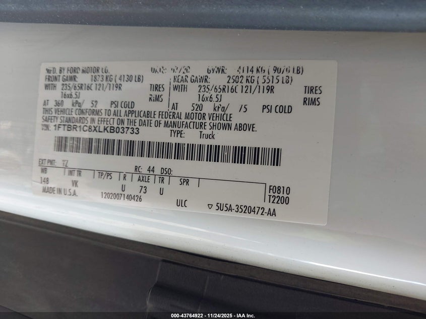 2020 Ford Transit-250 VIN: 1FTBR1C8XLKB03733 Lot: 43764922
