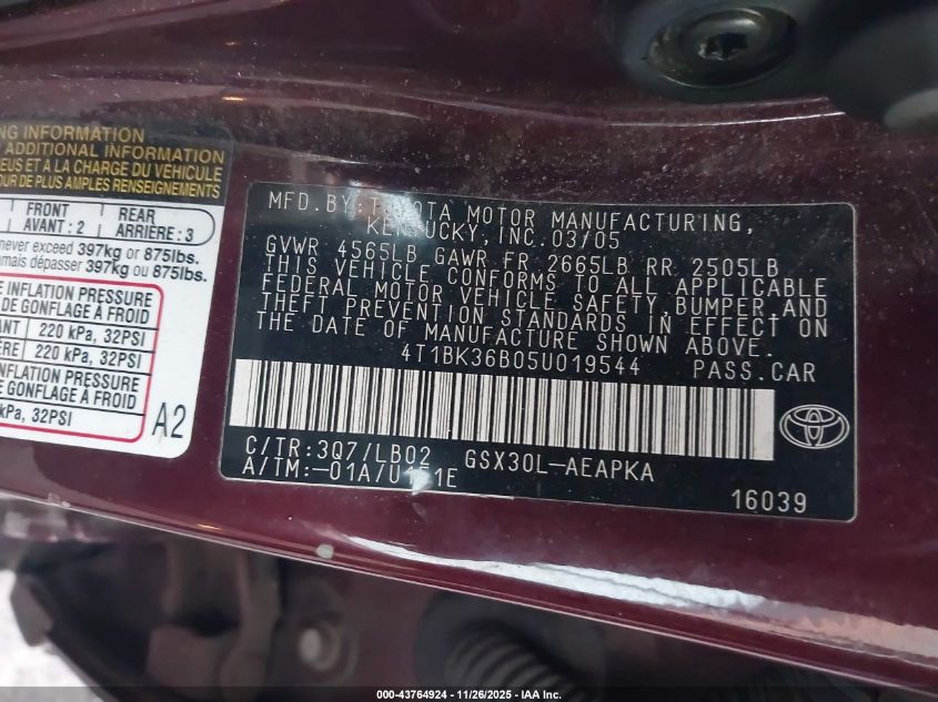 2005 Toyota Avalon Limited VIN: 4T1BK36B05U019544 Lot: 43764924