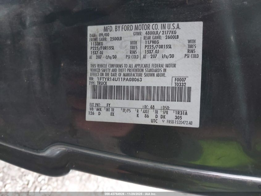 2001 Ford Ranger Edge/Xl/Xlt VIN: 1FTYR14U11PA08063 Lot: 43764926