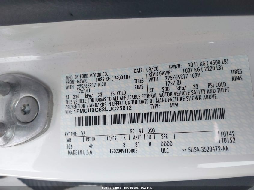 2020 Ford Escape Se VIN: 1FMCU9G62LUC25612 Lot: 43764943