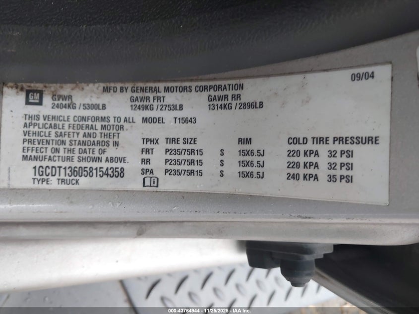 2005 Chevrolet Colorado Ls VIN: 1GCDT136058154358 Lot: 43764944