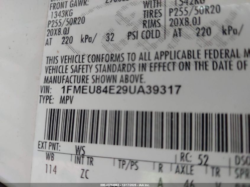 2009 Ford Explorer Eddie Bauer VIN: 1FMEU84E29UA39317 Lot: 43764963