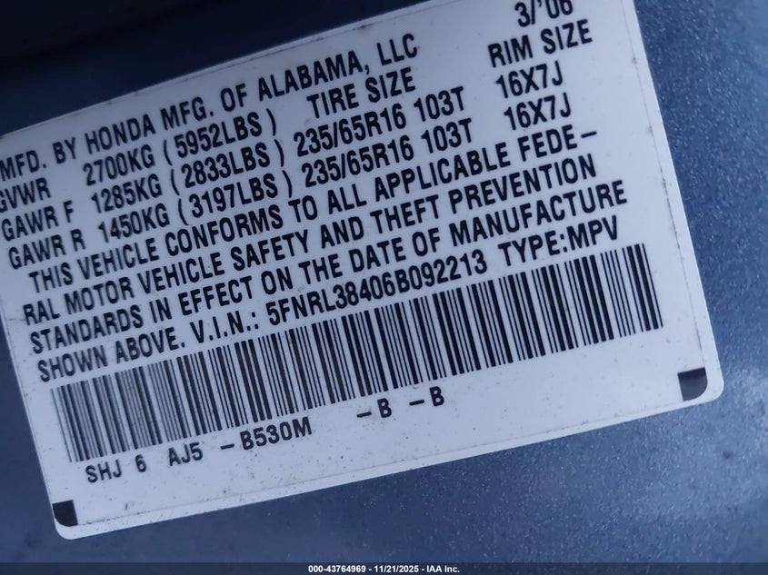 2006 Honda Odyssey Ex VIN: 5FNRL38406B092213 Lot: 43764969